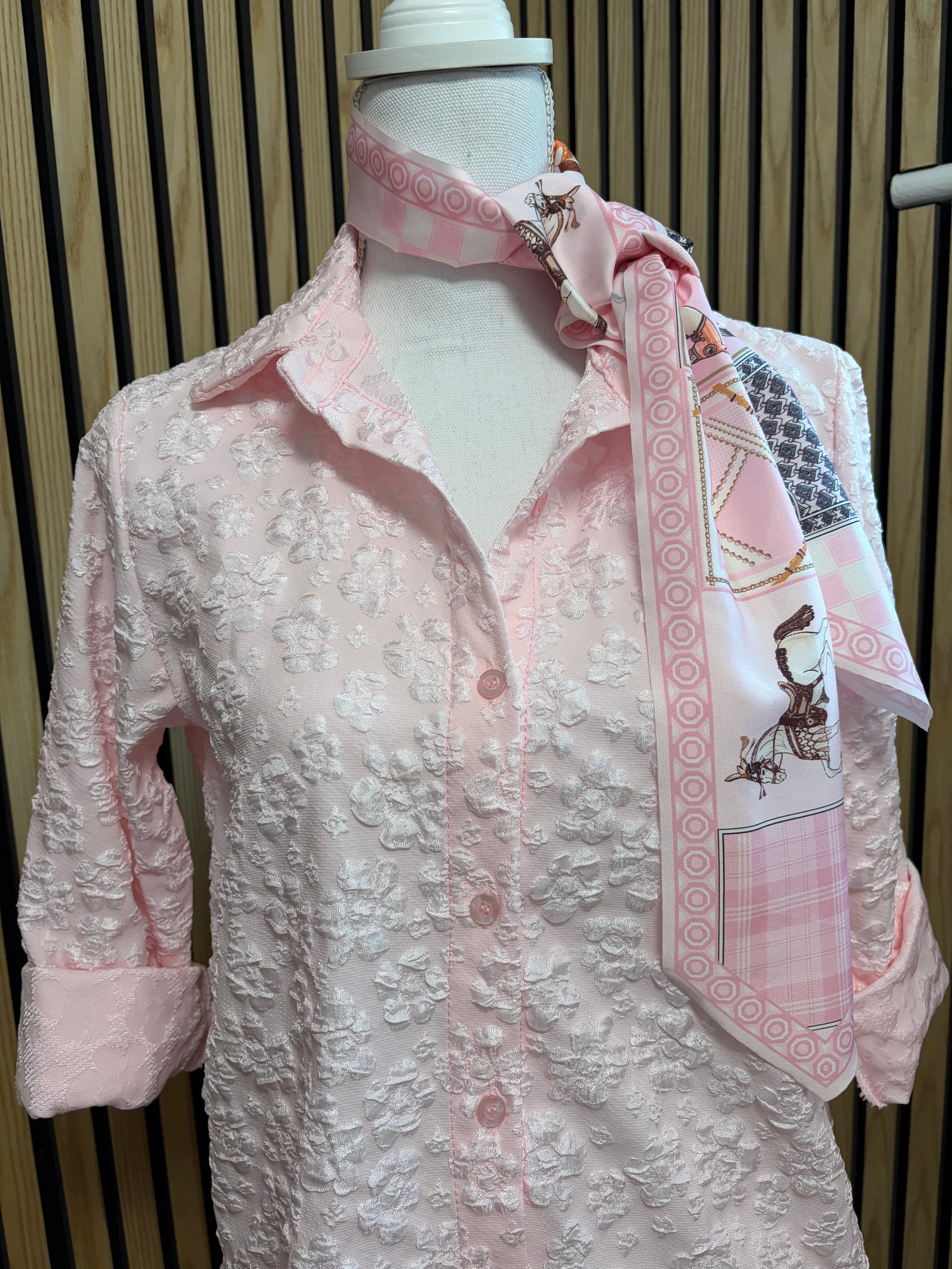 Floral textured neck scarf shirt - Blush Pink