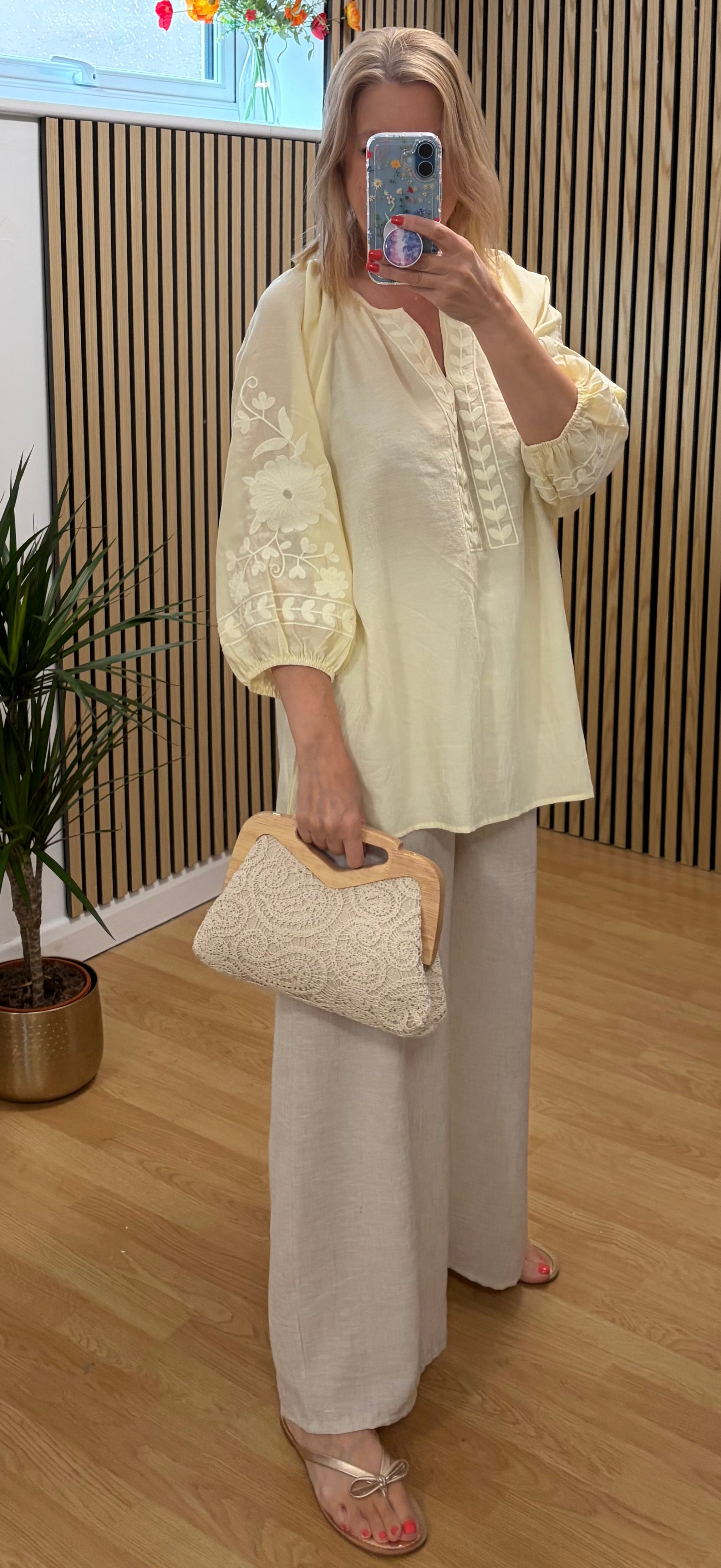 V Neck Embroidered Top - Lemon