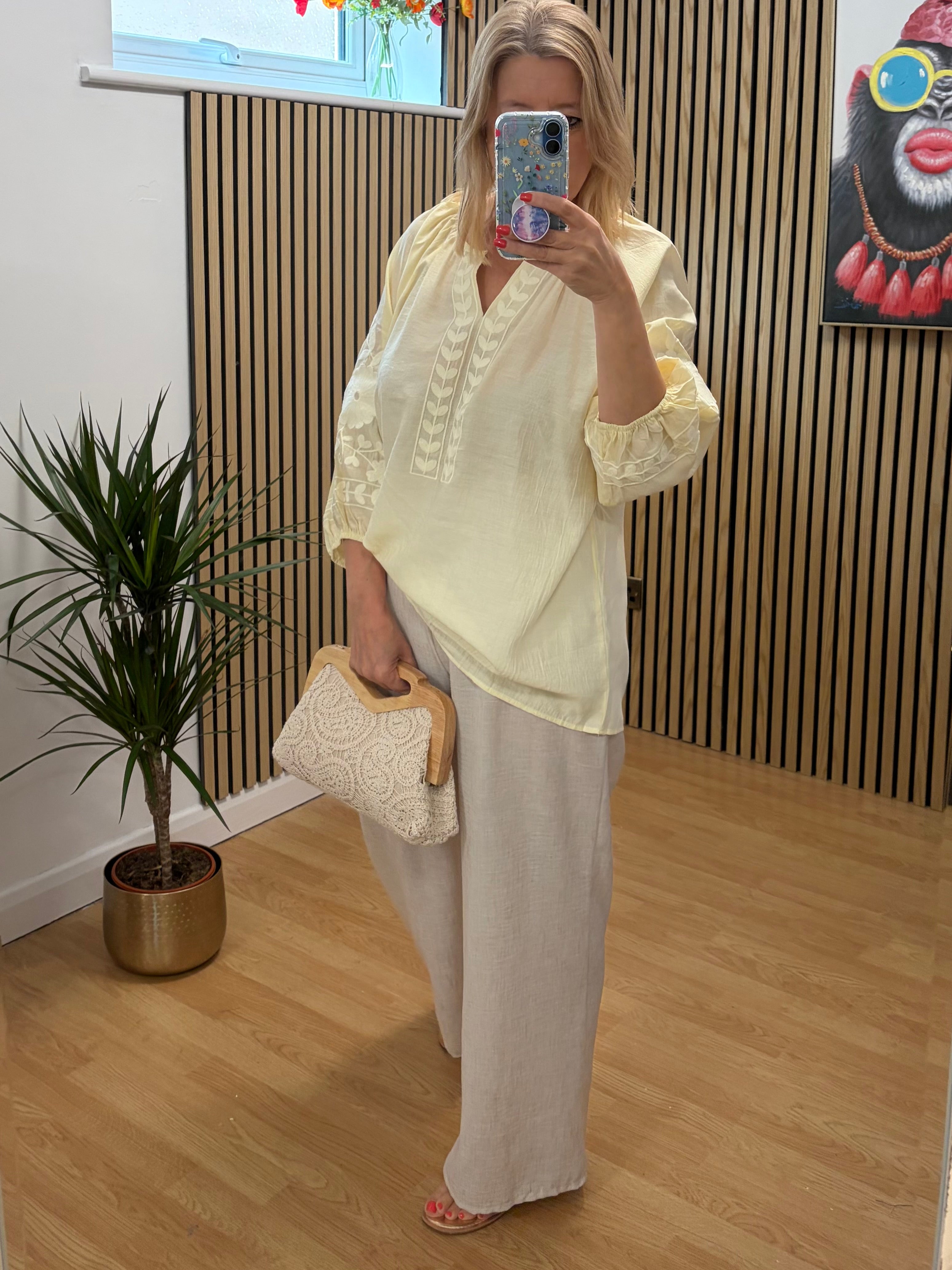 V Neck Embroidered Top - Lemon