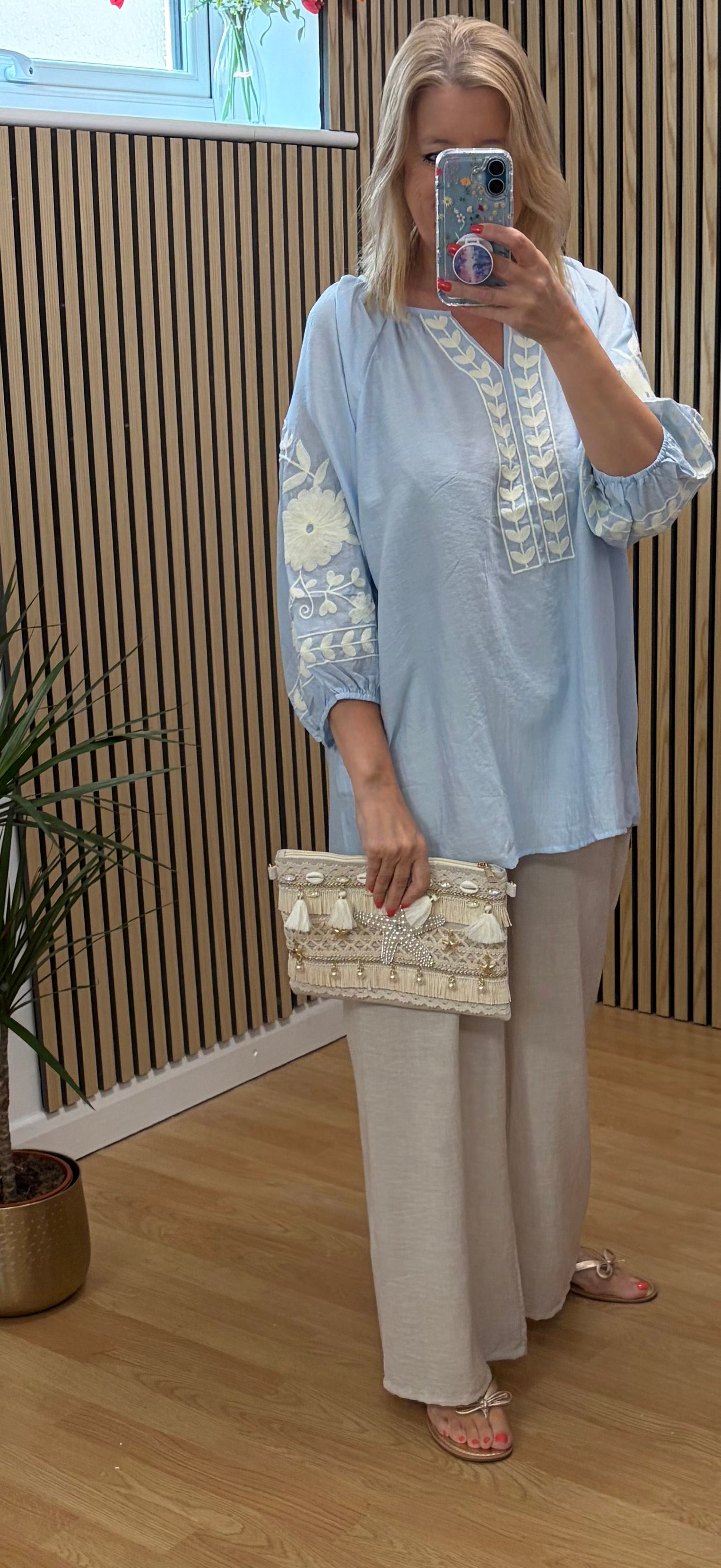 V Neck Embroidered Top -Blue