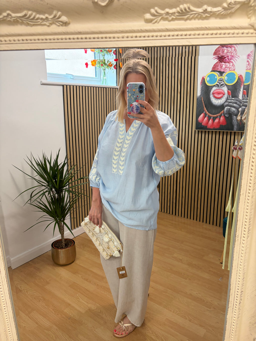 V Neck Embroidered Top -Blue