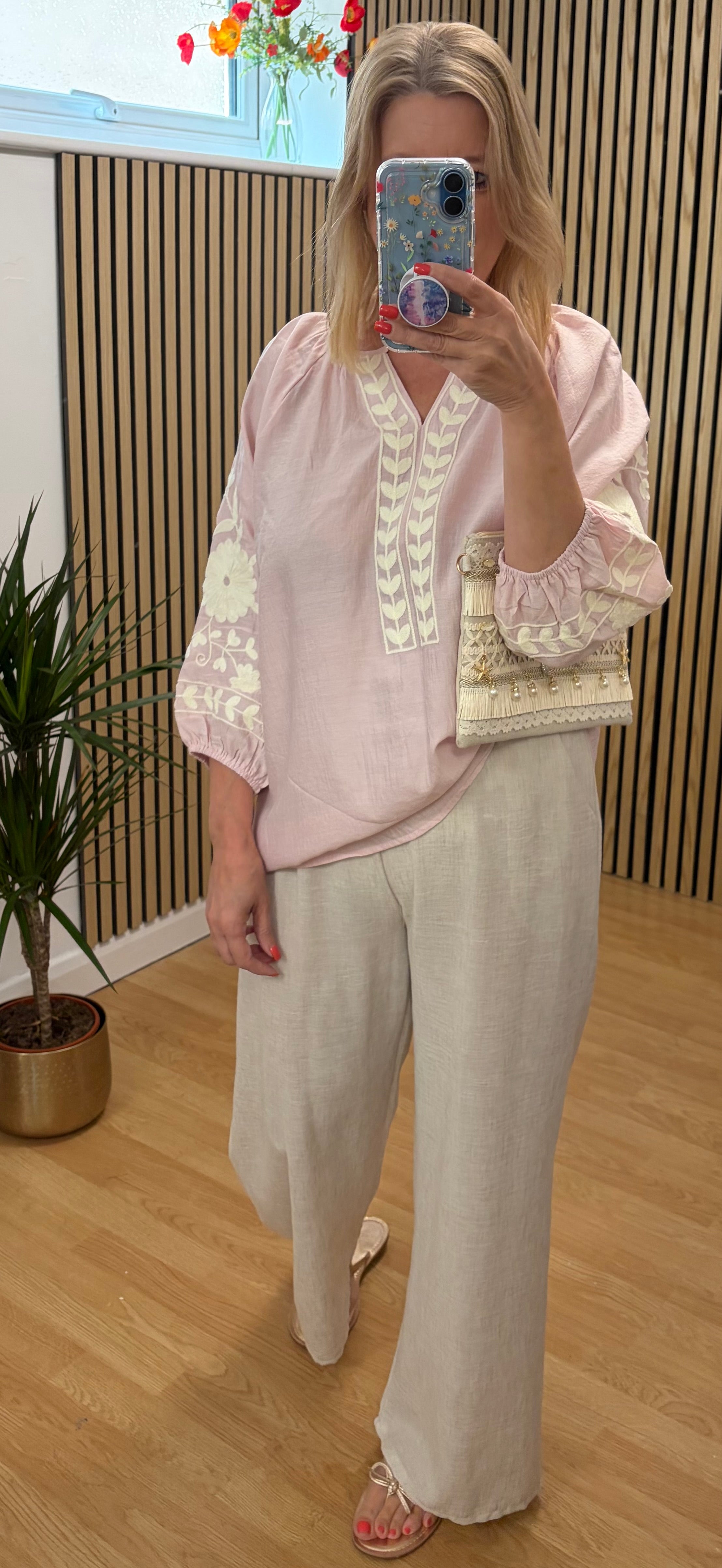 V Neck Embroidered Top - Pink