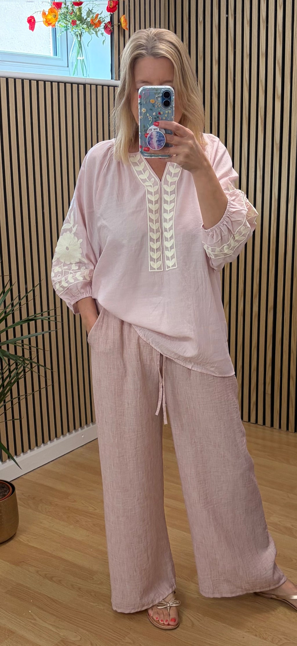 V Neck Embroidered Top - Pink
