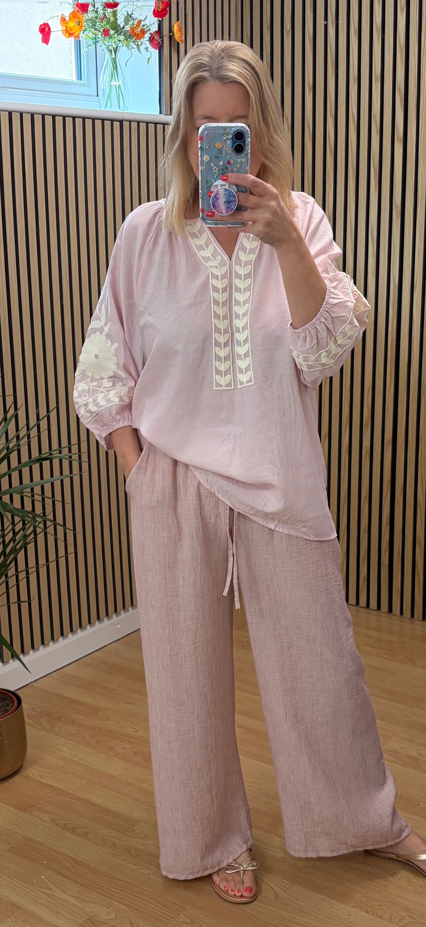 V Neck Embroidered Top - Pink