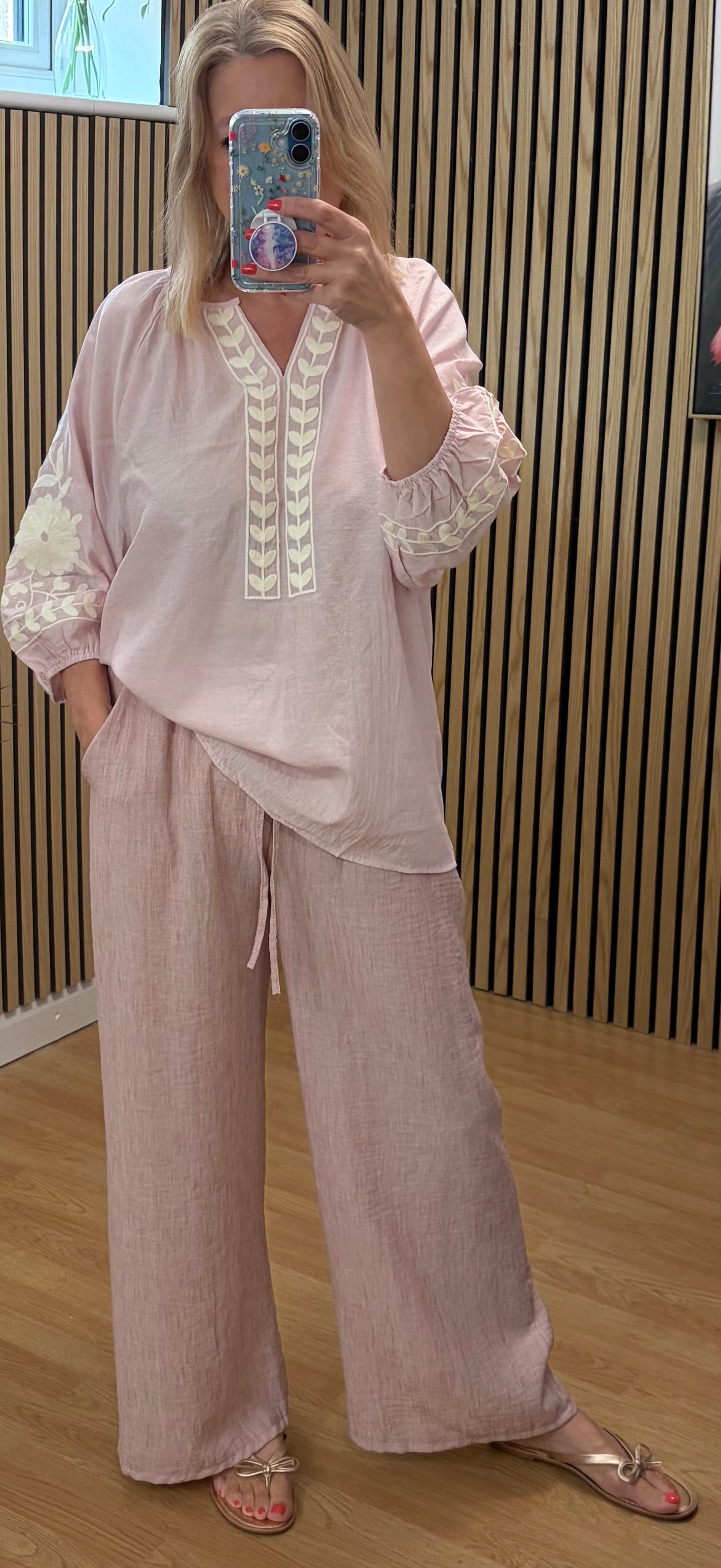 V Neck Embroidered Top - Pink