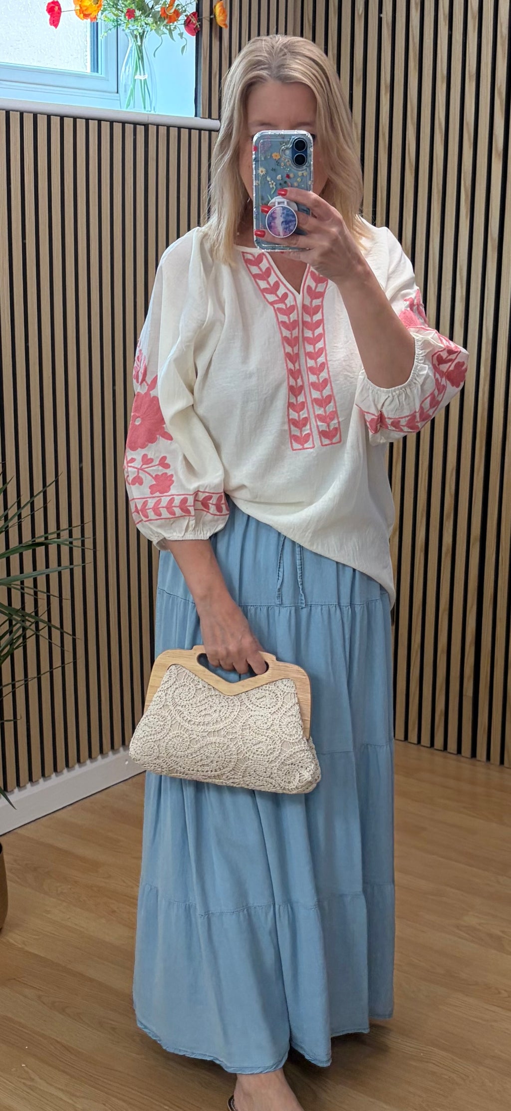 V Neck Embroidered Top - Beige