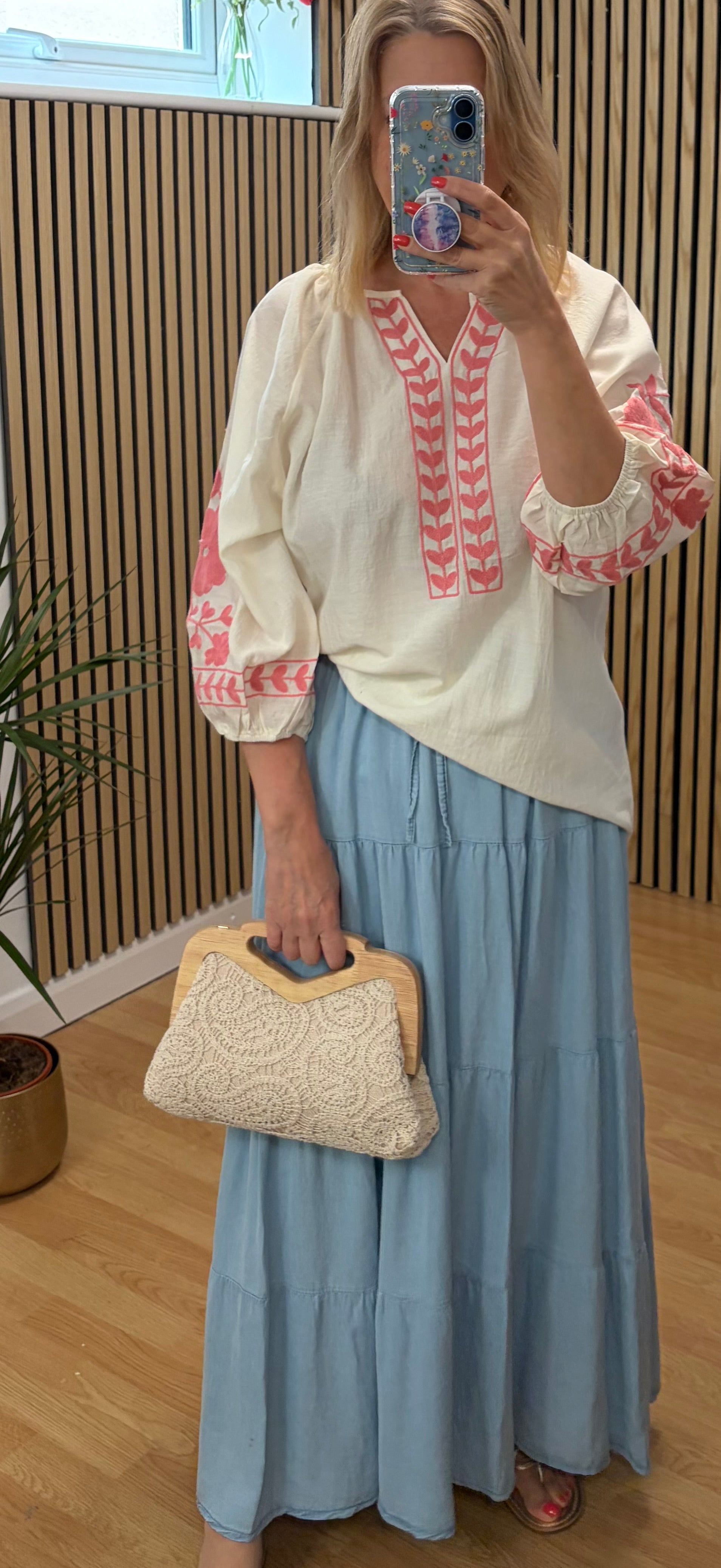 V Neck Embroidered Top - Beige