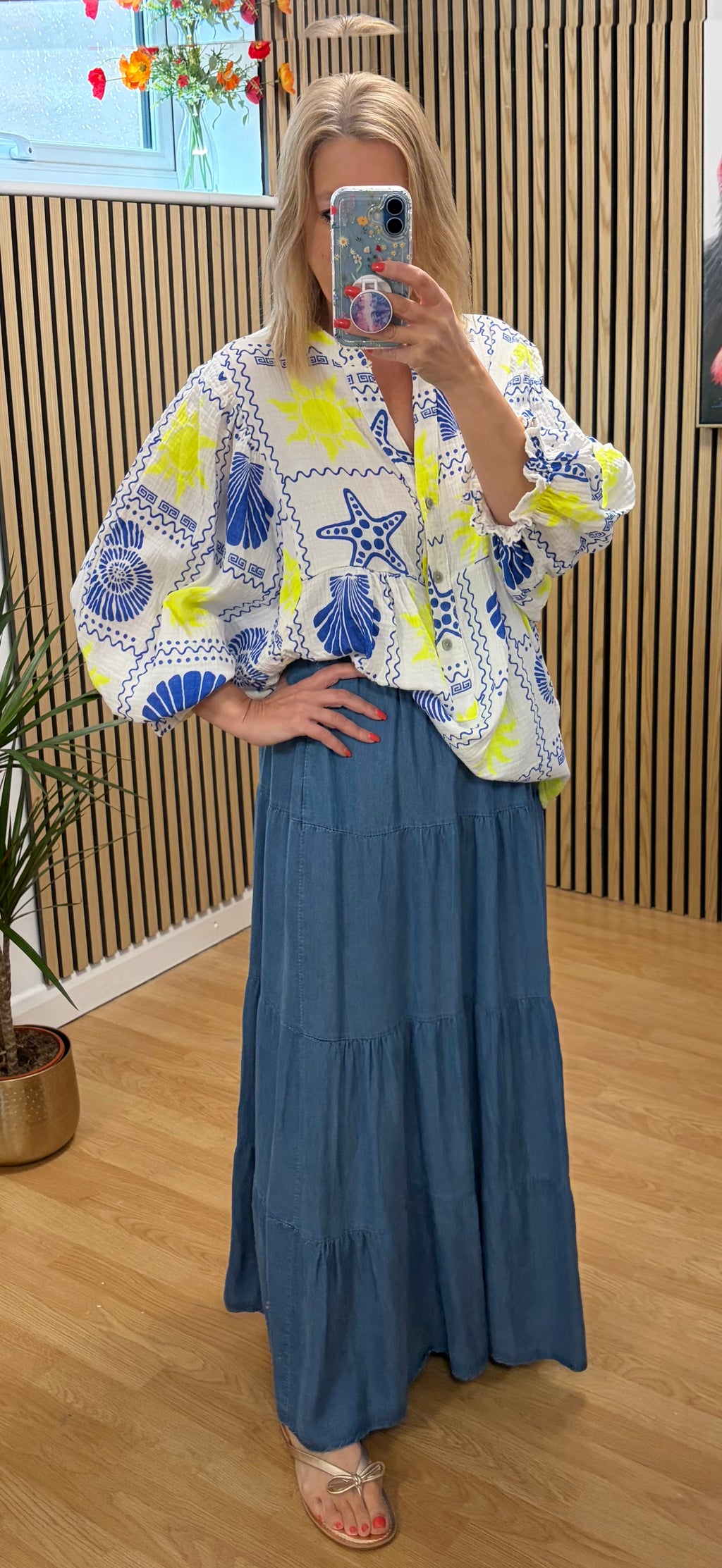 Graphic Print Oversized Top - Blue/Neon Yellow