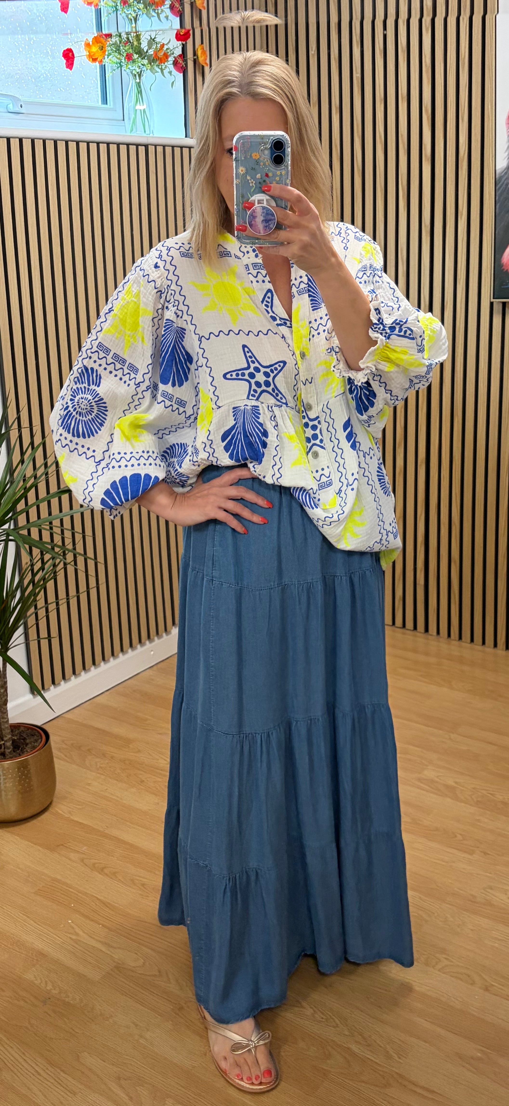 Graphic Print Oversized Top - Blue/Neon Yellow