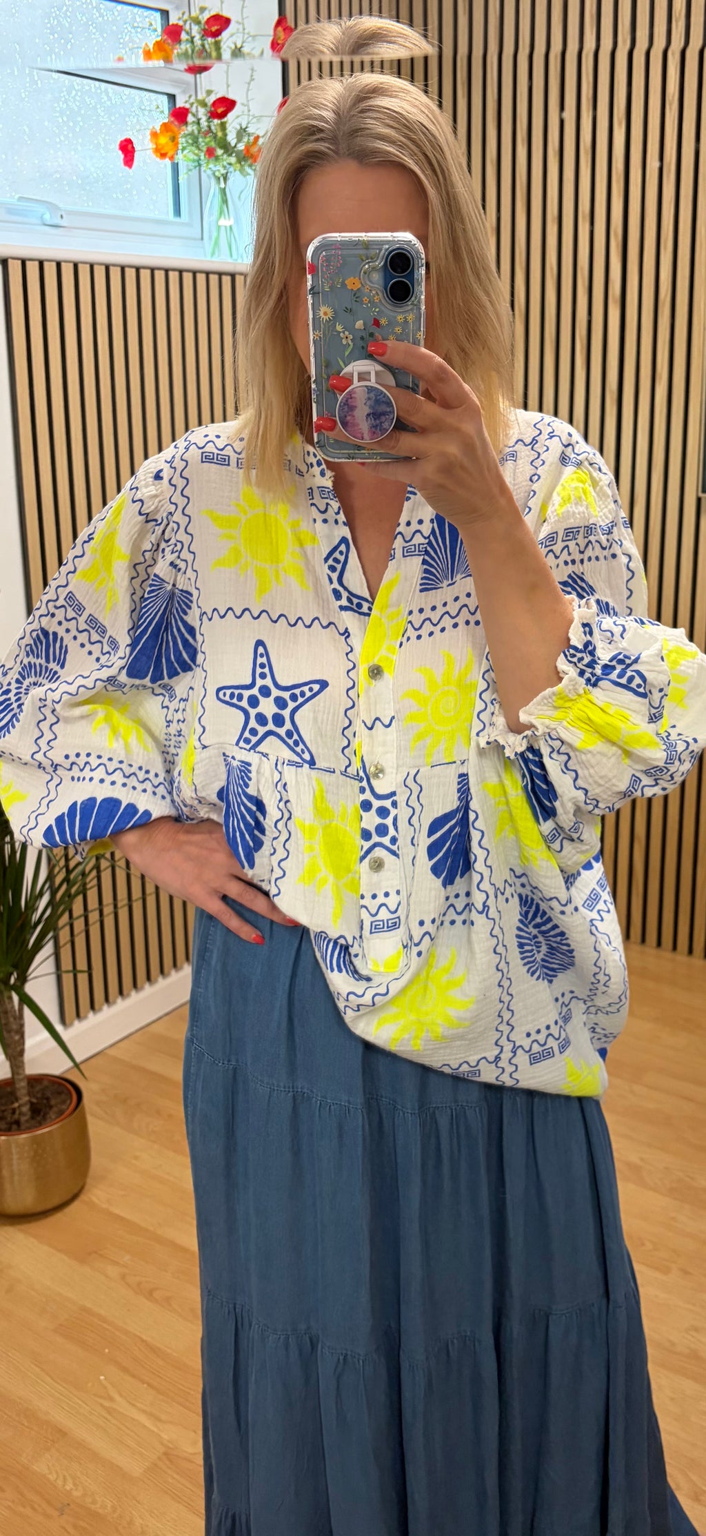 Graphic Print Oversized Top - Blue/Neon Yellow