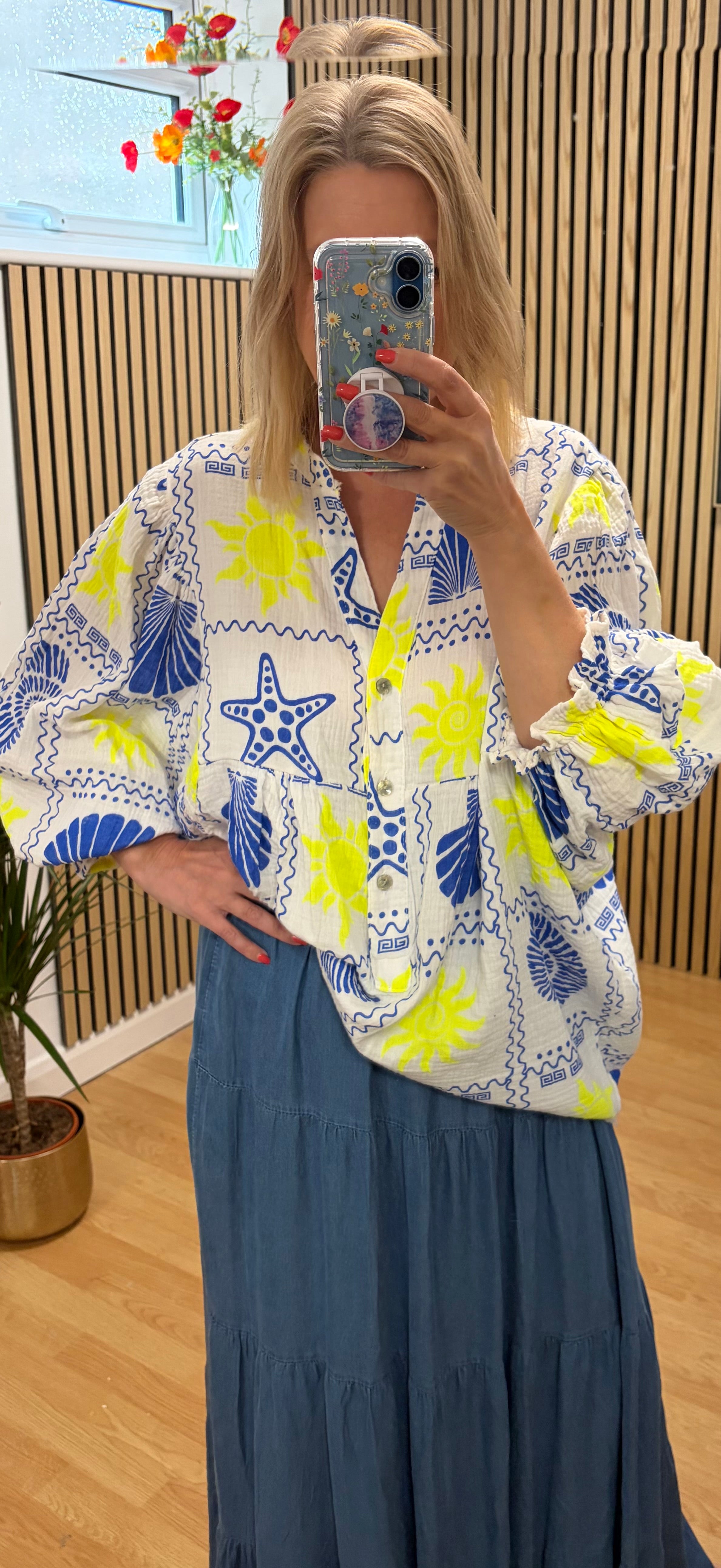 Graphic Print Oversized Top - Blue/Neon Yellow