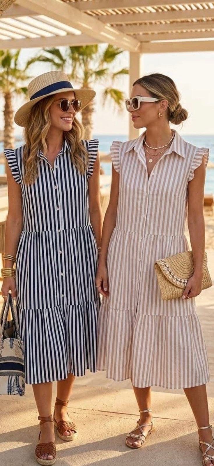 Stripped Shirt Dress - Taupe