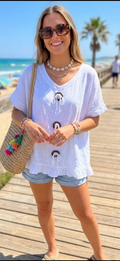 Button Detail Oversized Top - White