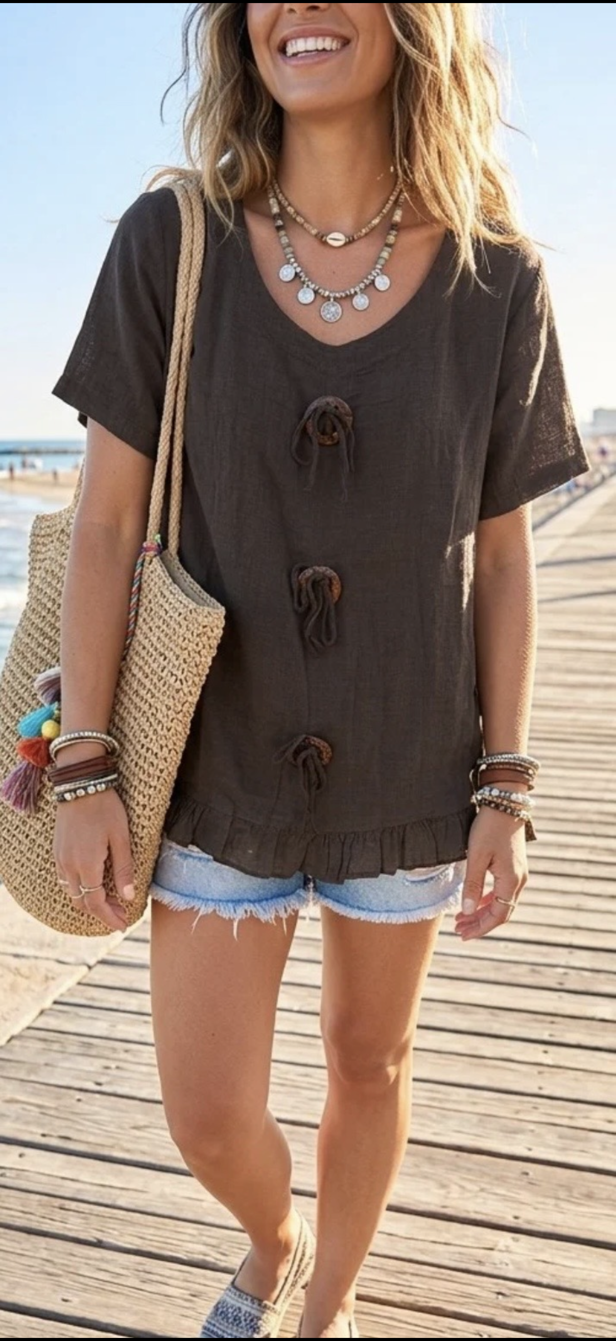 Button Detail Oversized Top - Brown