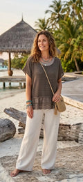 Open knit broderie peplum blouse - Brown