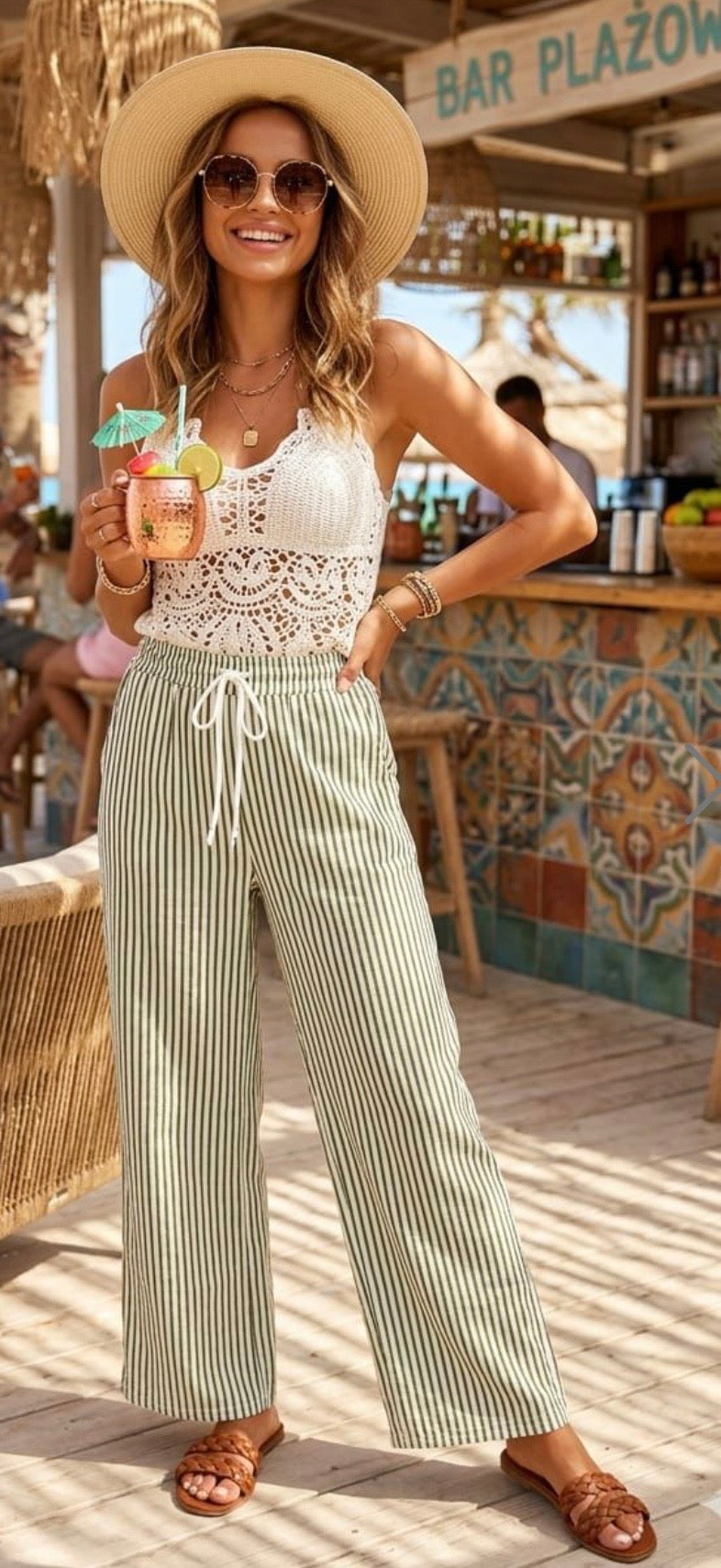 Wide leg stripped trousers-Khaki