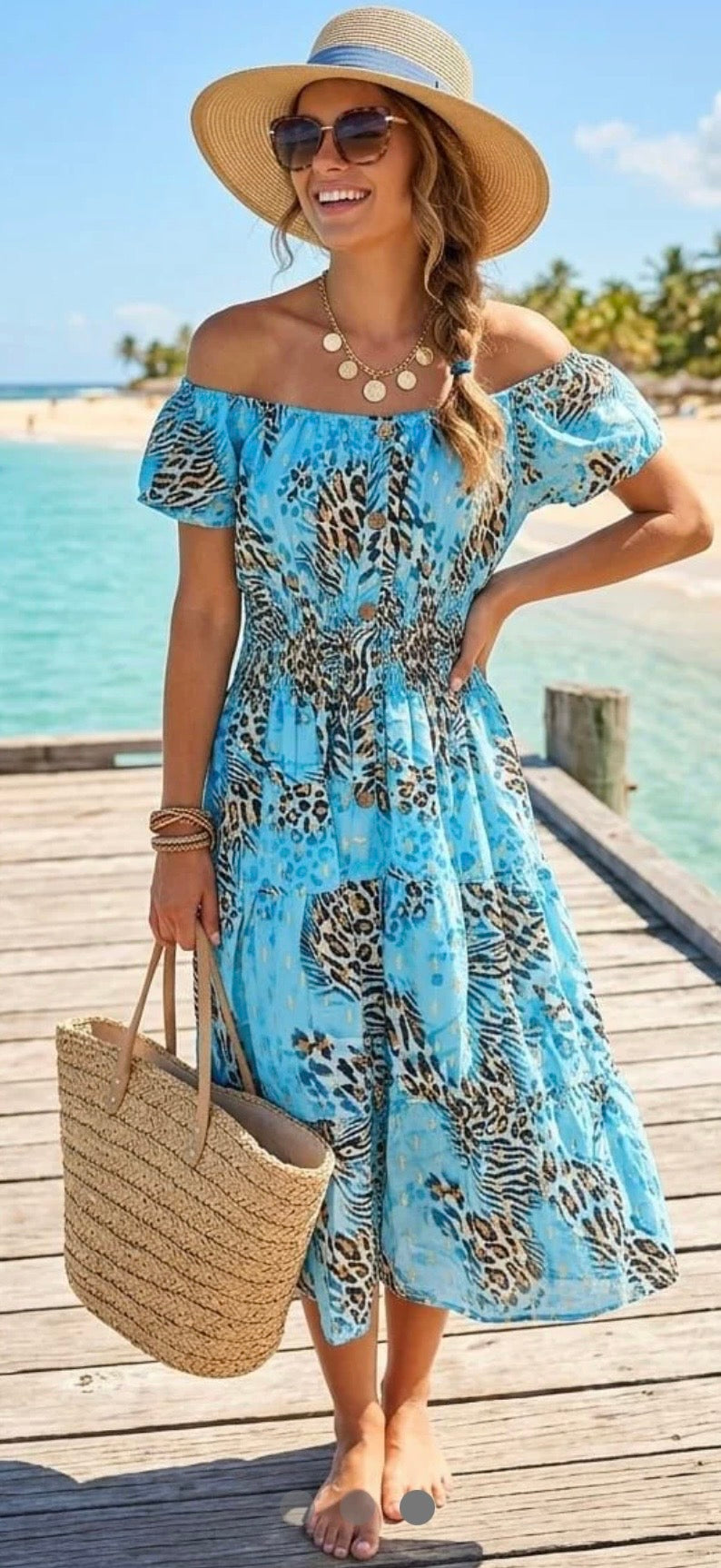 Mandy leopard-print midi dress - Blue