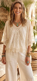 Lace crochet batwing top - Cream