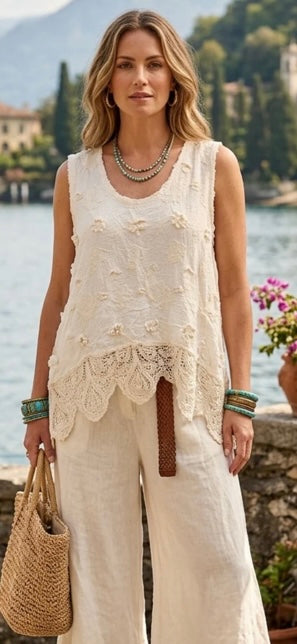 Embroidery Lace Overlay Top - Beige