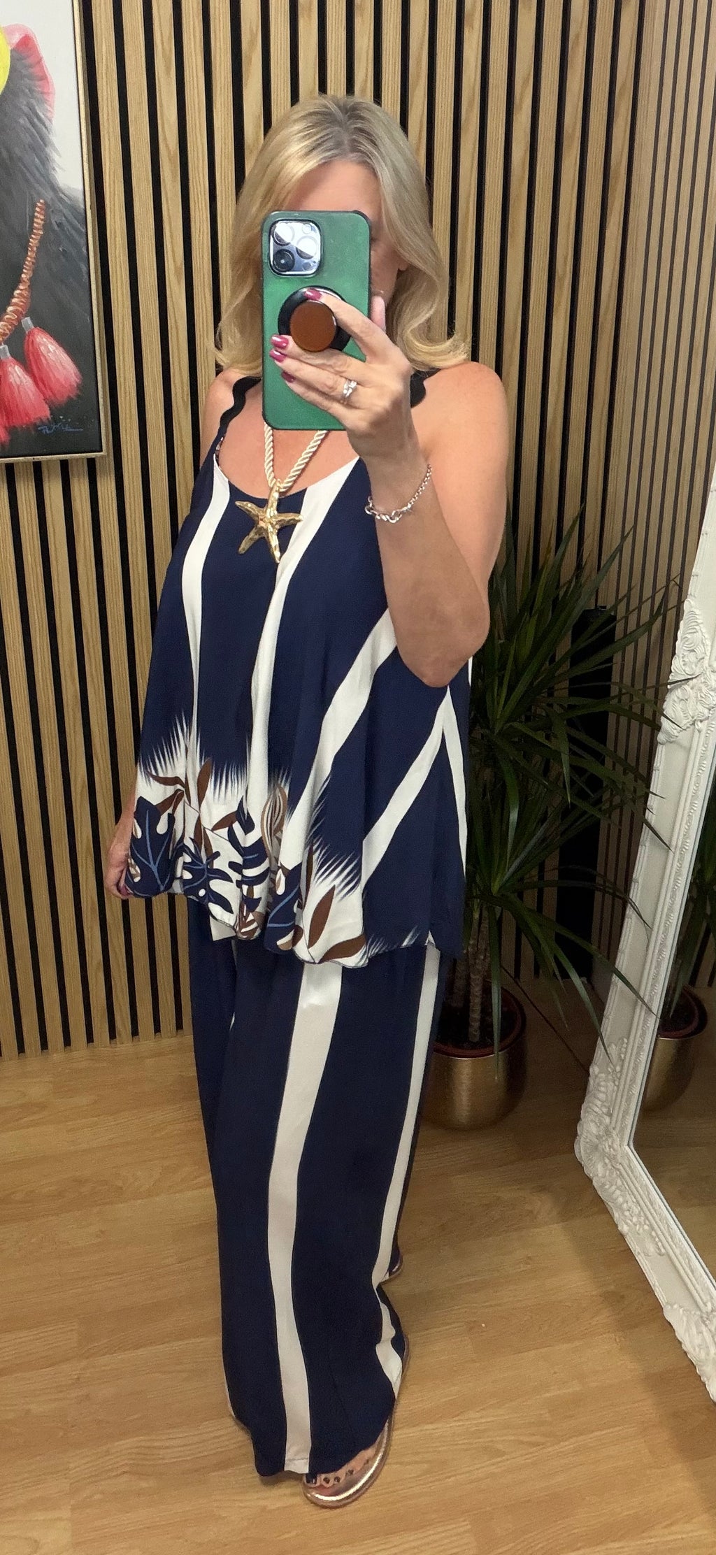 Stripe wide leg trousers - Navy/White