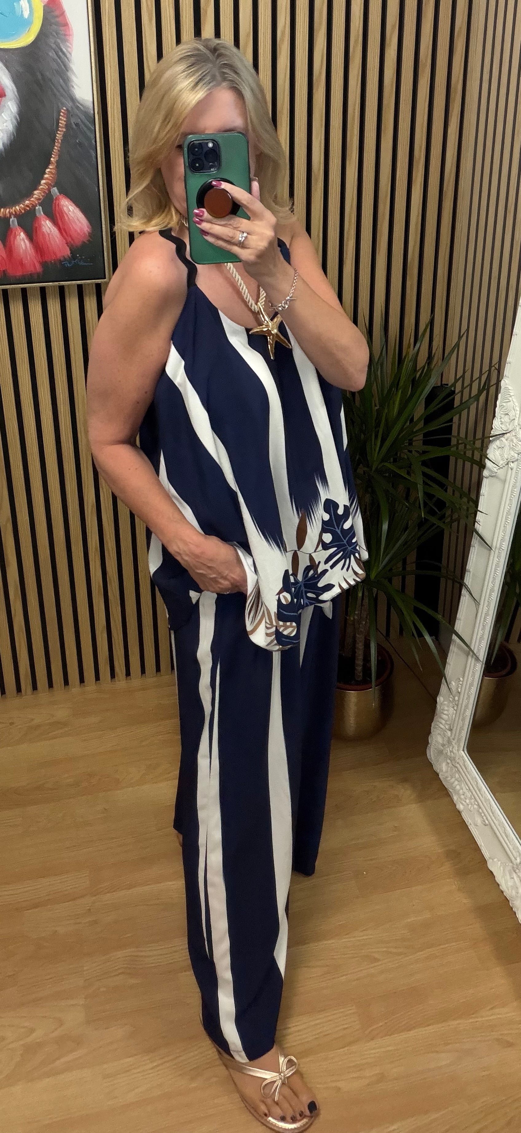 Stripe wide leg trousers - Navy/White