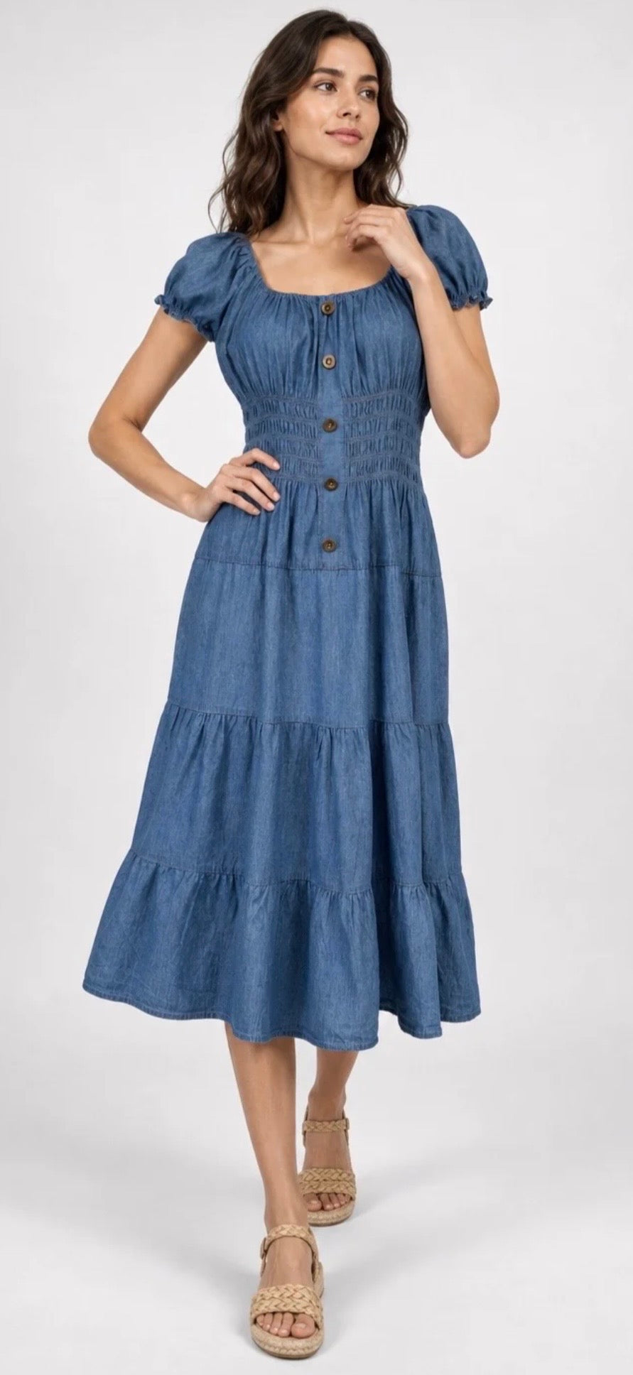 Chambray Bardot midi dress - Light Denim