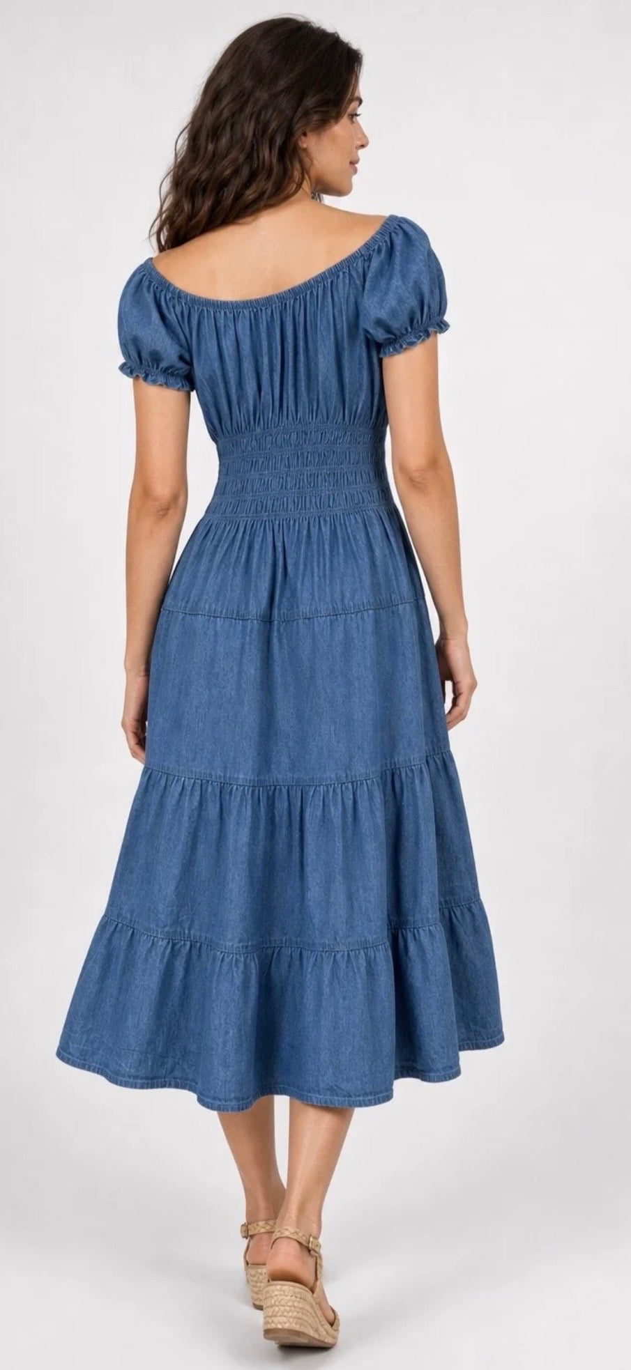 Chambray Bardot midi dress - Light Denim