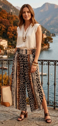 Printed Split Leg Trousers - Black