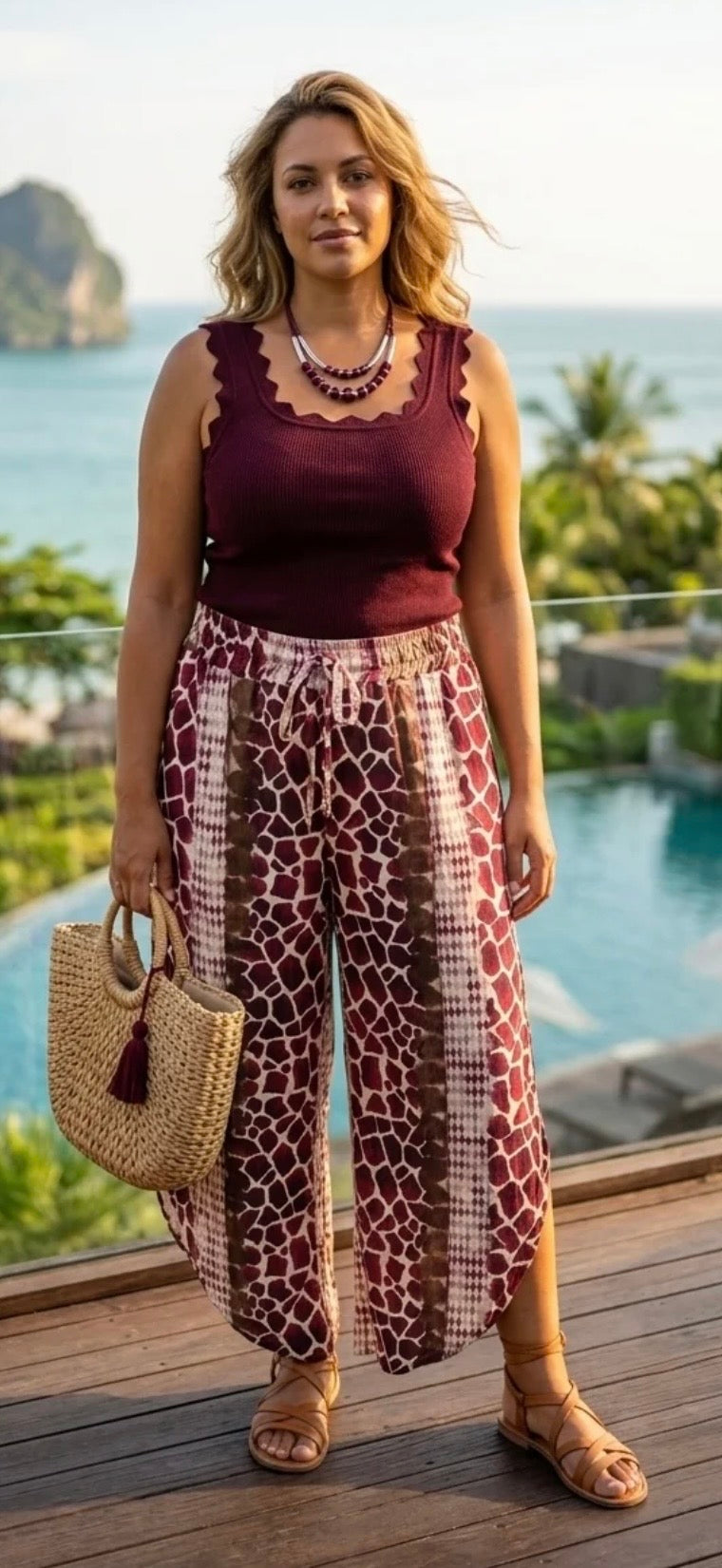 Printed Split Leg Trousers - Plum