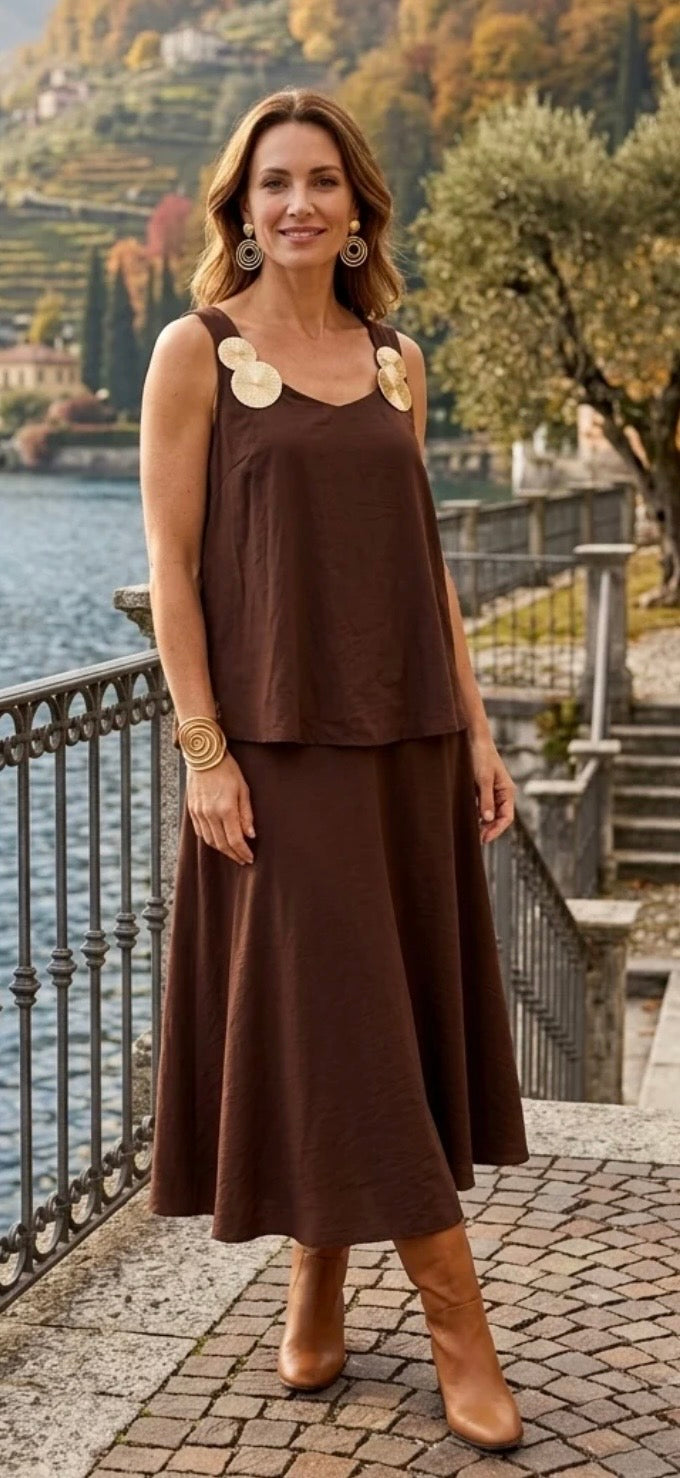 Oversized Gold Disc Cami Top - Brown