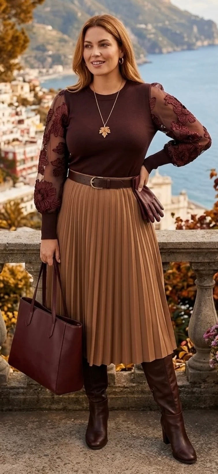 Embroidered Puff Sleeve Knit Top - Brown