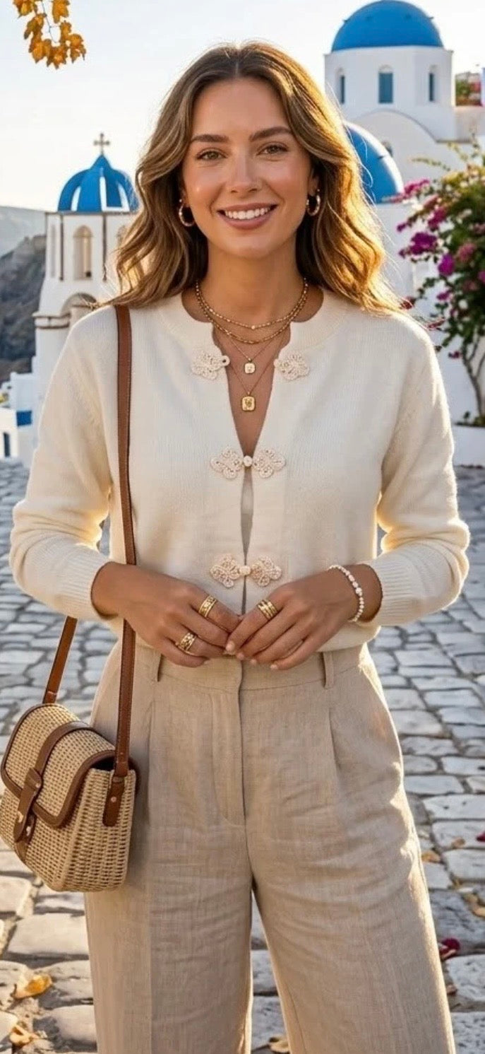 Frog-Closure Knitted Cardigan - Cream