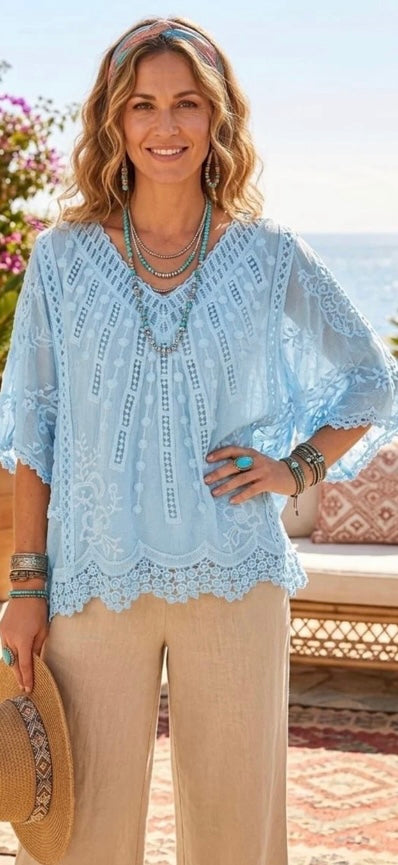 Lace Crochet batwing top- Baby Blue