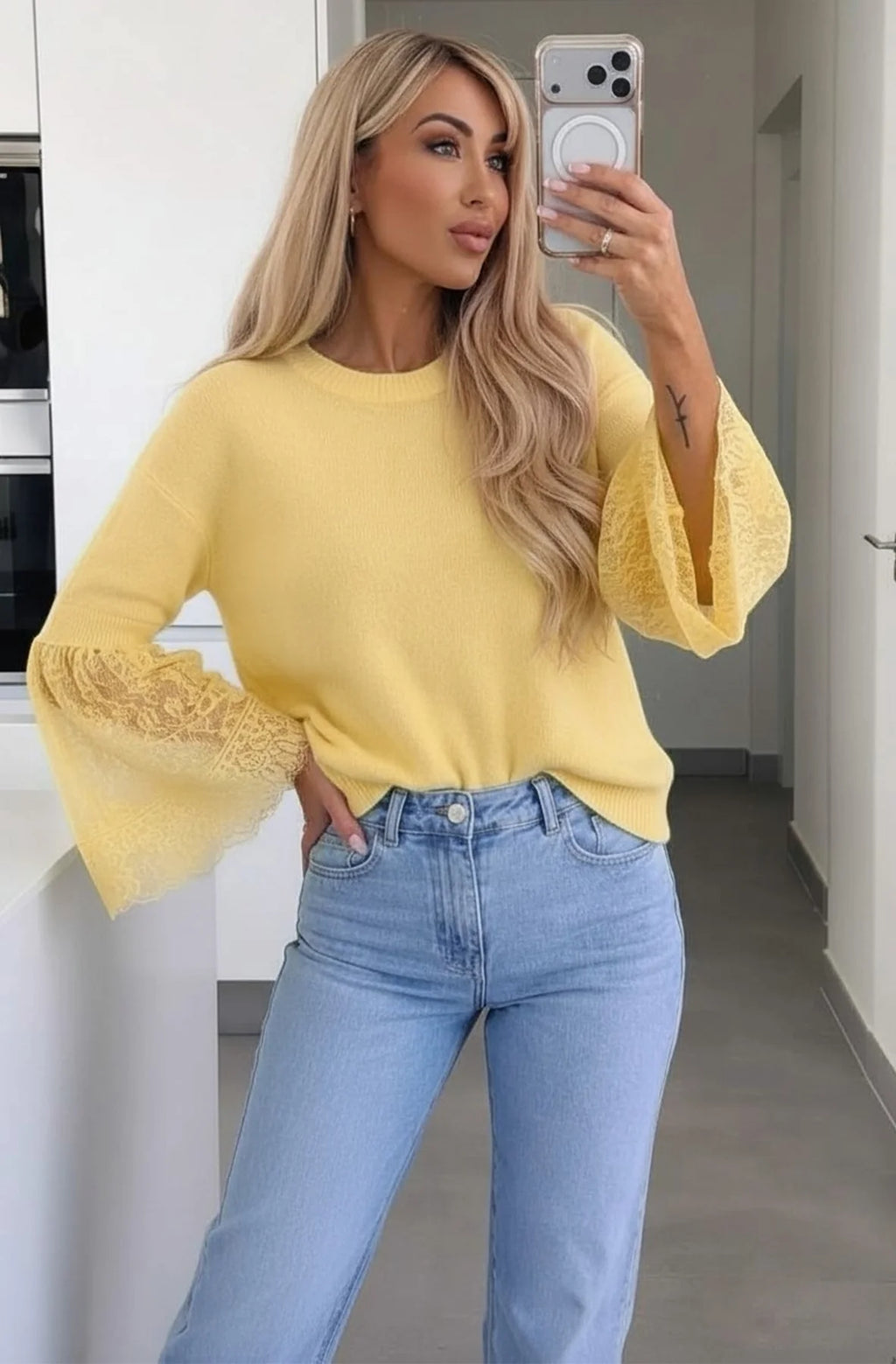 Sarah Alpaca Blend Lace Cuff Knitted Jumper - Lemon