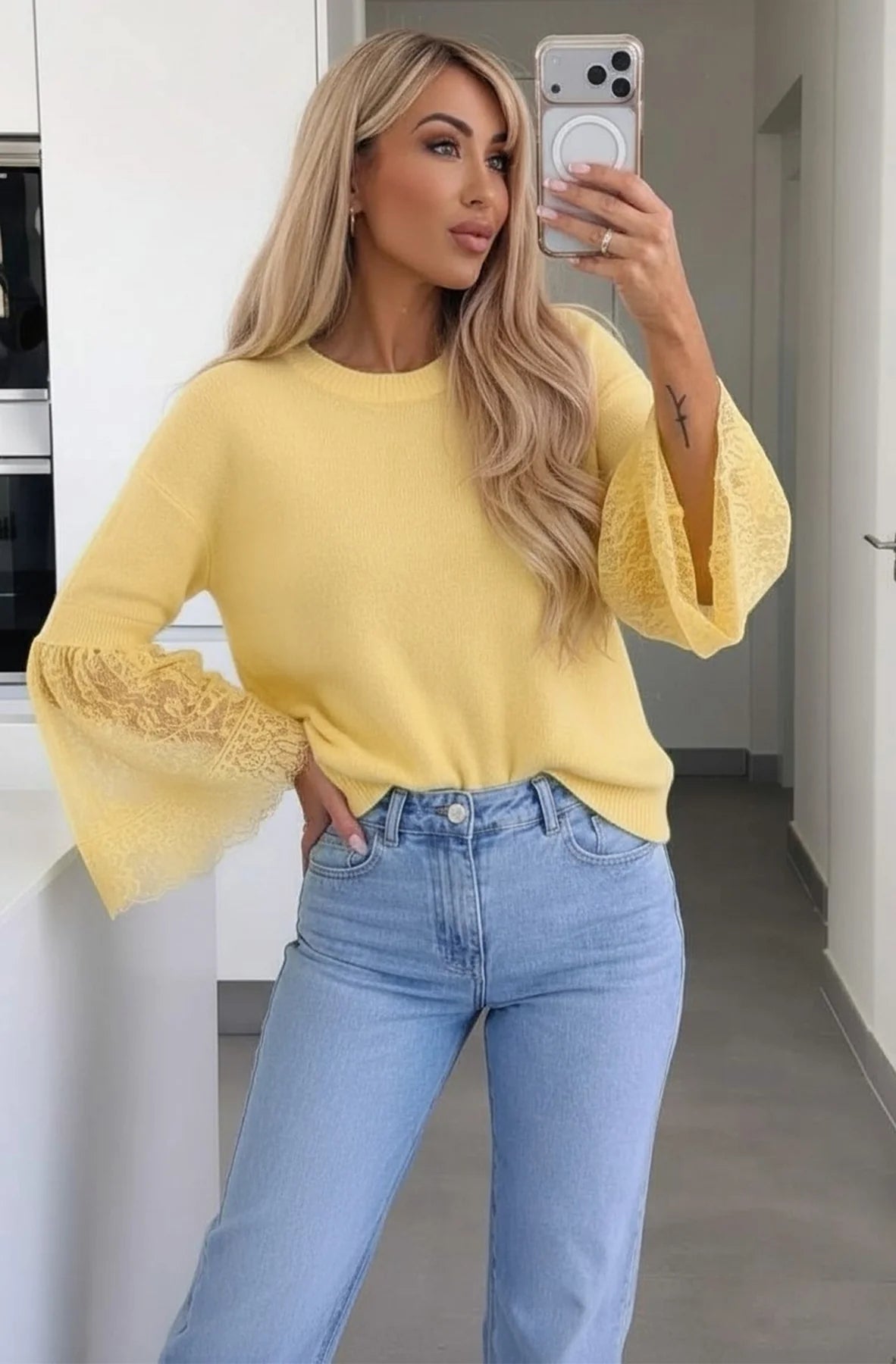 Sarah Alpaca Blend Lace Cuff Knitted Jumper - Lemon