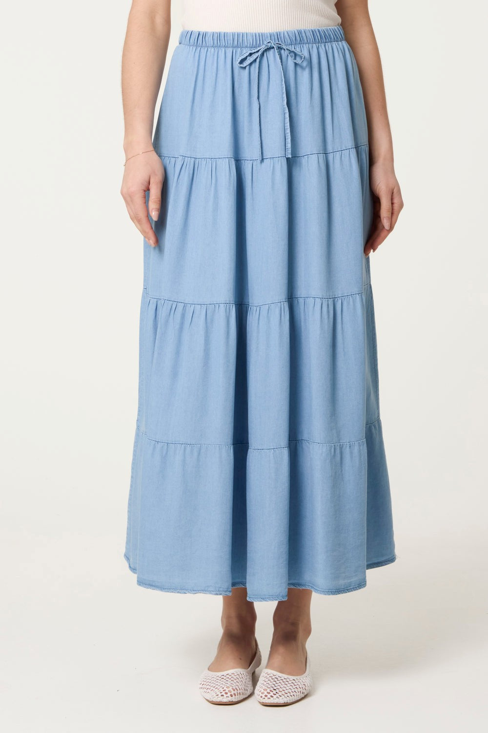 Chambray Light Denim tiered maxi skirt