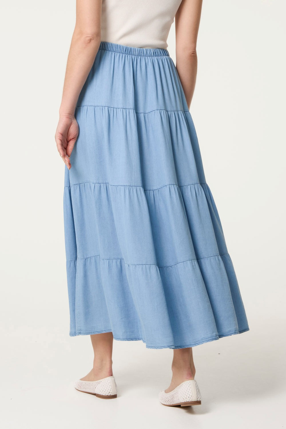 Chambray Light Denim tiered maxi skirt
