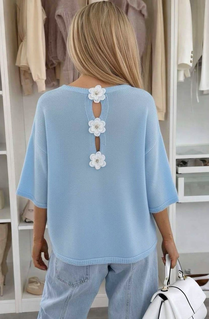 Lucy Batwing Jumper with floral applique back - Baby blue