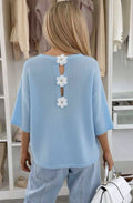 Lucy Batwing Jumper with floral applique back - Baby blue