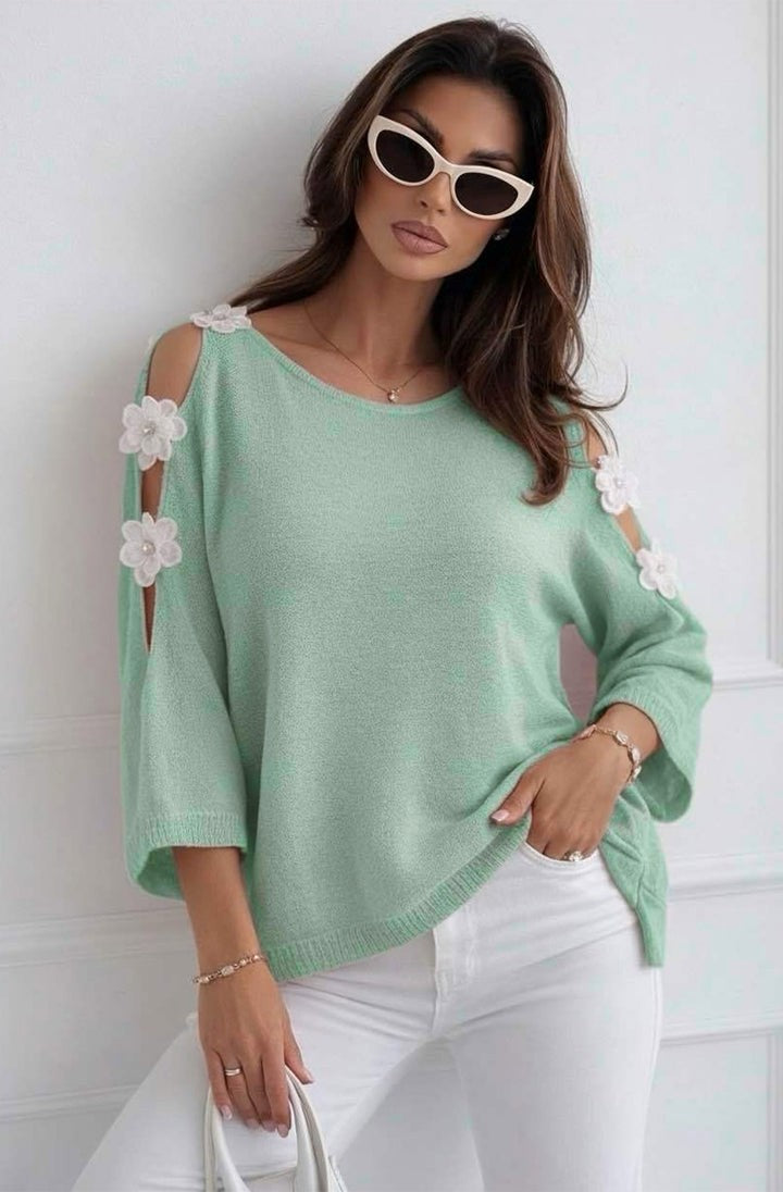 Melanie Cold Shoulder Open Knit Top - Sage