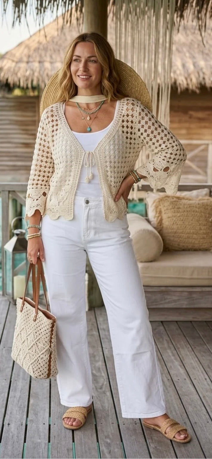 Boho Crochet Lace Cardigan - Beige